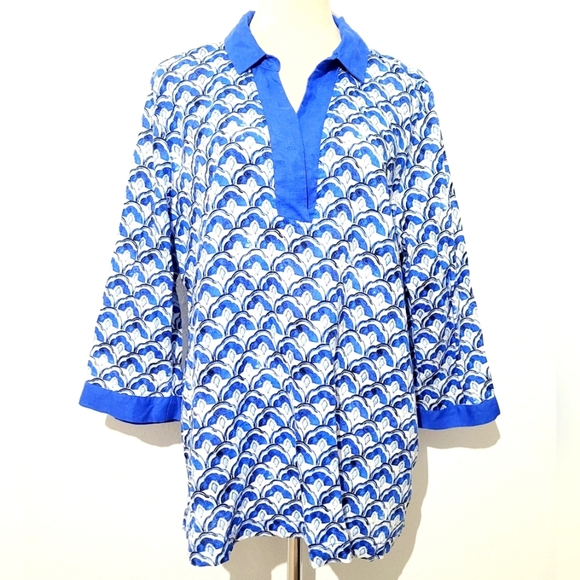 Sigrid Olsen Womens XL 100% Linen Tunic Top Blue White Pattern V-Neck 3/4 Sleeve - Picture 1 of 12